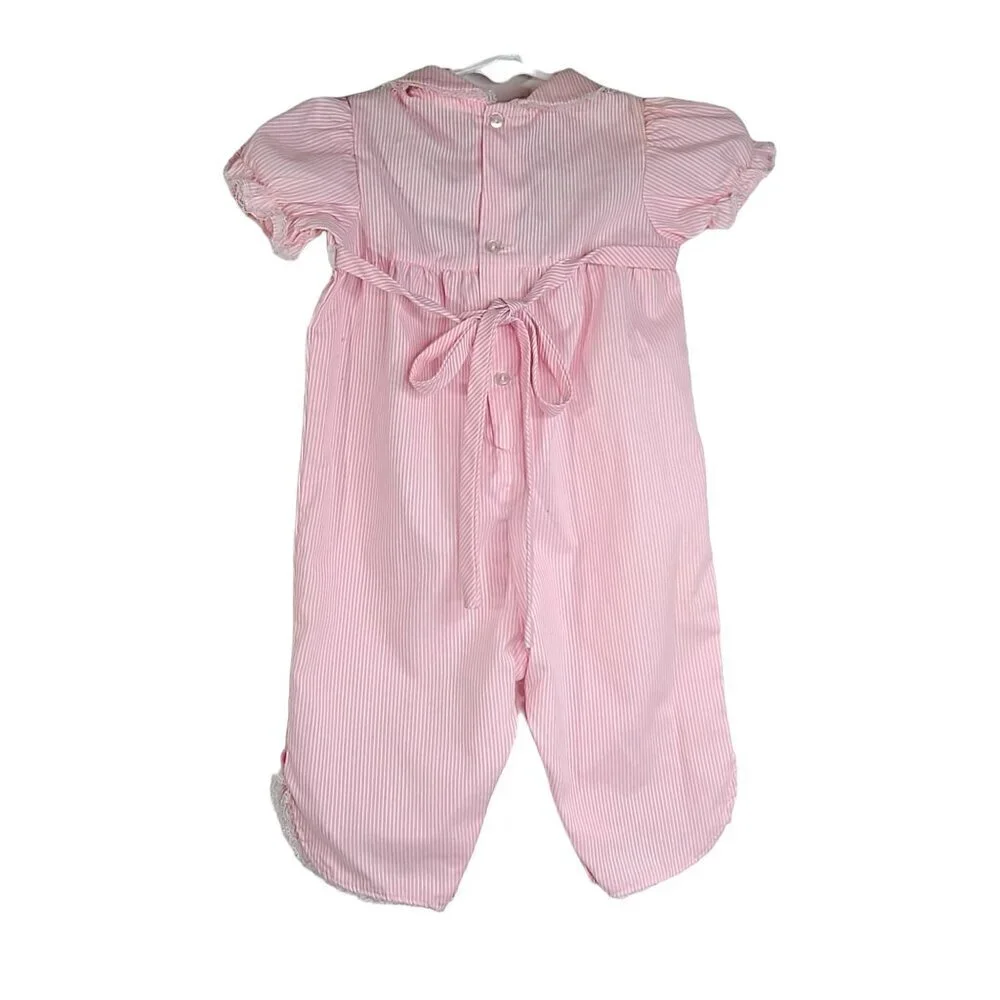 Vintage Pink White Micro Stripe Embroidered Peter Pan Collar Baby Girl Jumpsuit